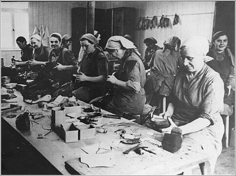 Women prisoners at work in the shoe repair workshop of the Ravensbrueck